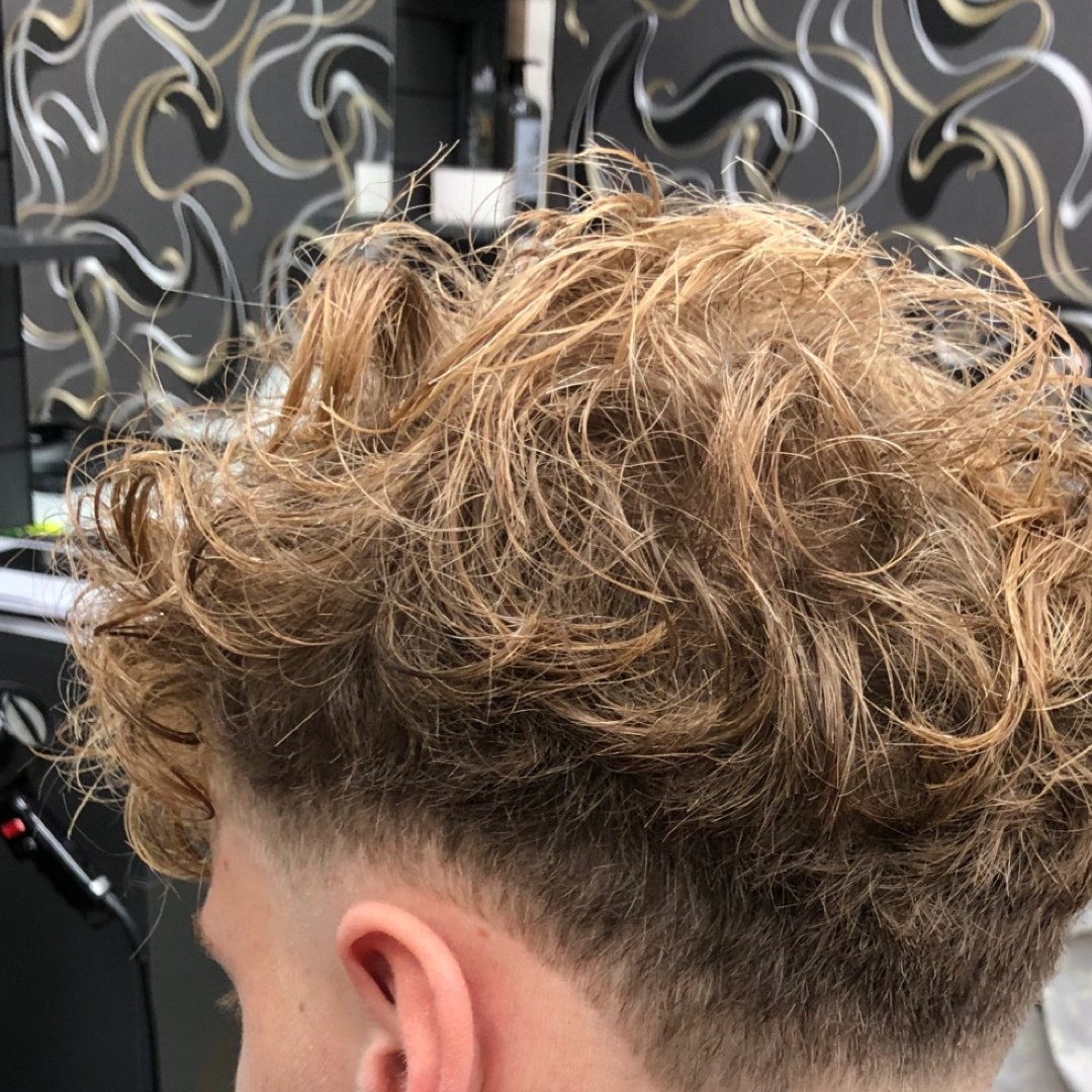 Krullend blond haar bovenop met een korte fade in de nek, van achteren gezien